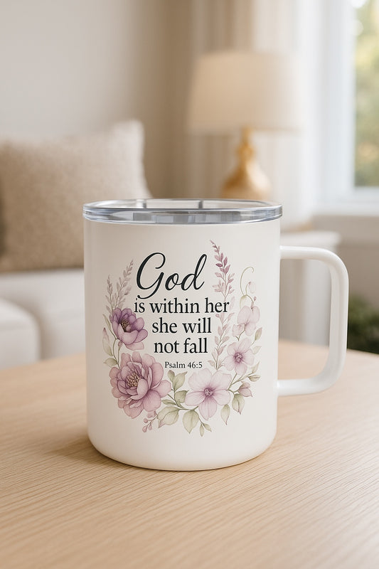 Southern Belle & Sea™ God Is Within Her She Shall Not Fail floral insulated coffee mug 10oz with lid