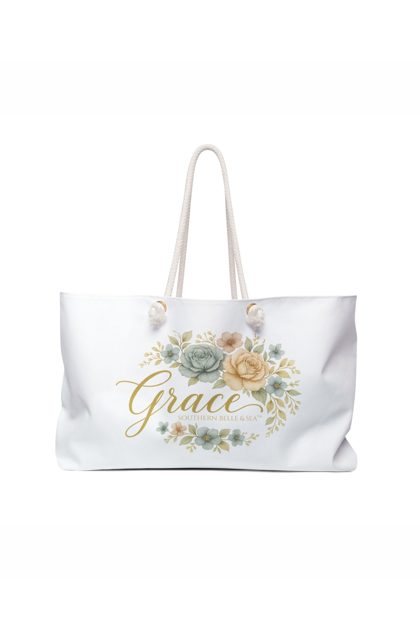 White tote bag with floral design and 'Grace' text on a white background