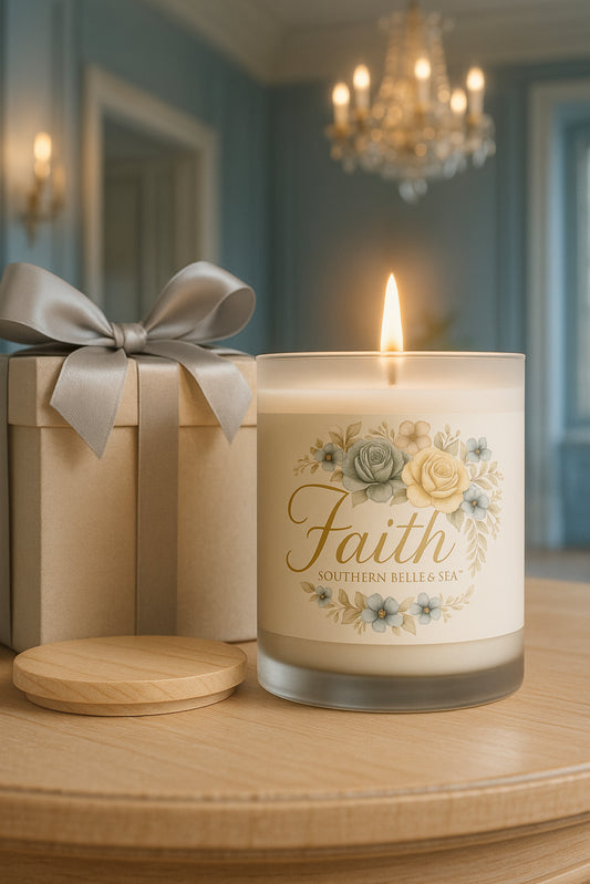 Faith gold foil candle labeled 'Faith' with a gift box on a wooden surface