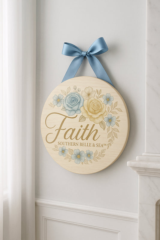 “Faith floral wooden wall sign with gold lettering – Southern Belle & Sea™”