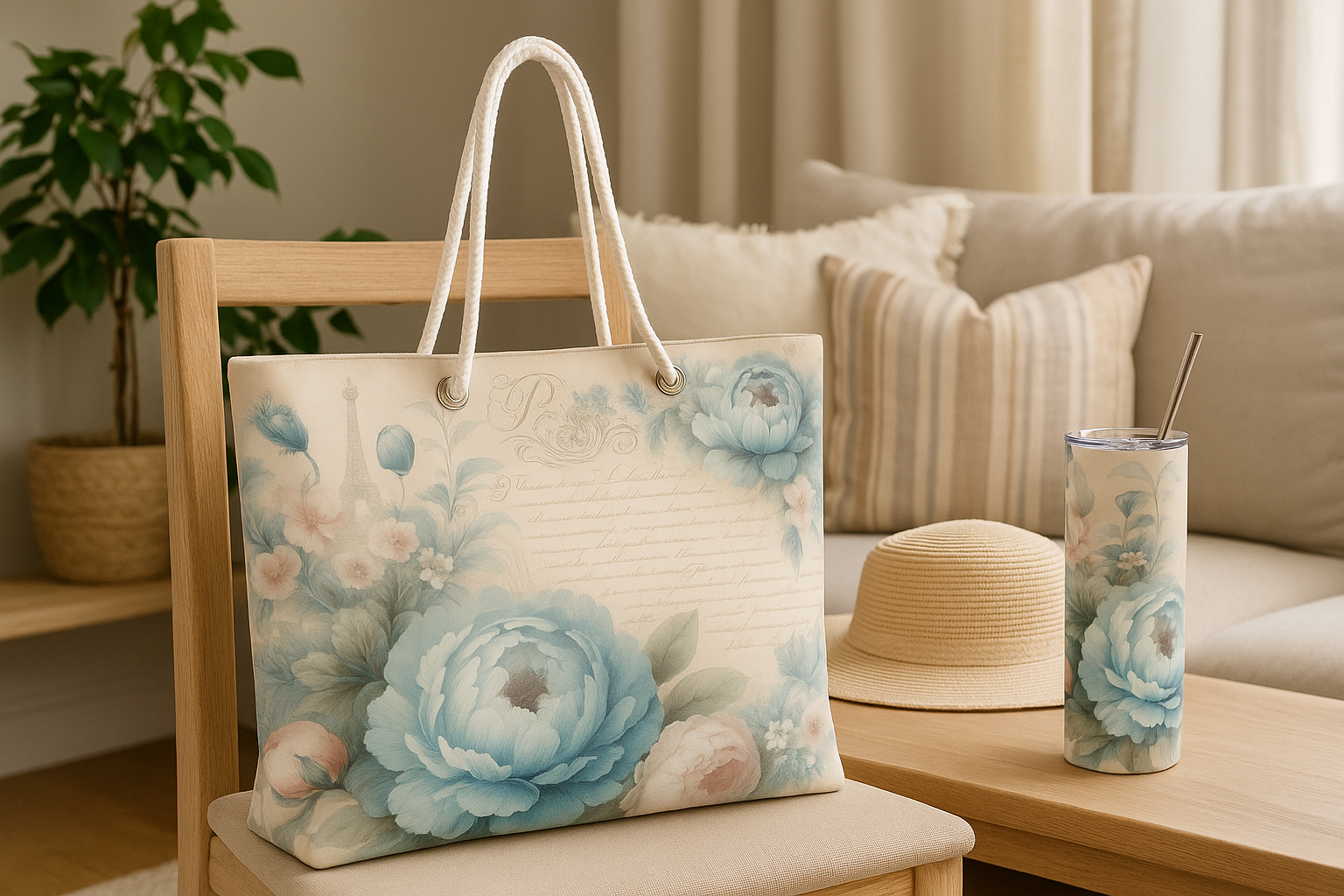 Elegant floral weekender bag on wooden chair with straw hat and tumbler
