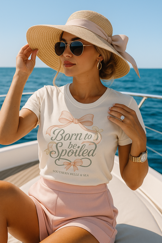 Model wearing Born to Be Spoiled™ shirt on a yacht with wide-brimmed hat and engagement ring – Southern Belle & Sea feminine style