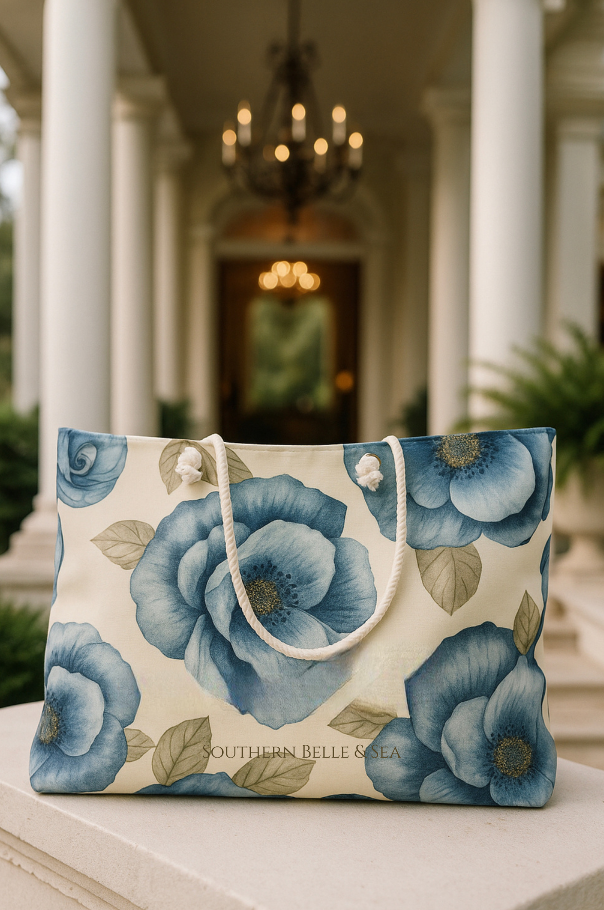 Floral tote bag with blue flowers on a white background, placed outdoors.