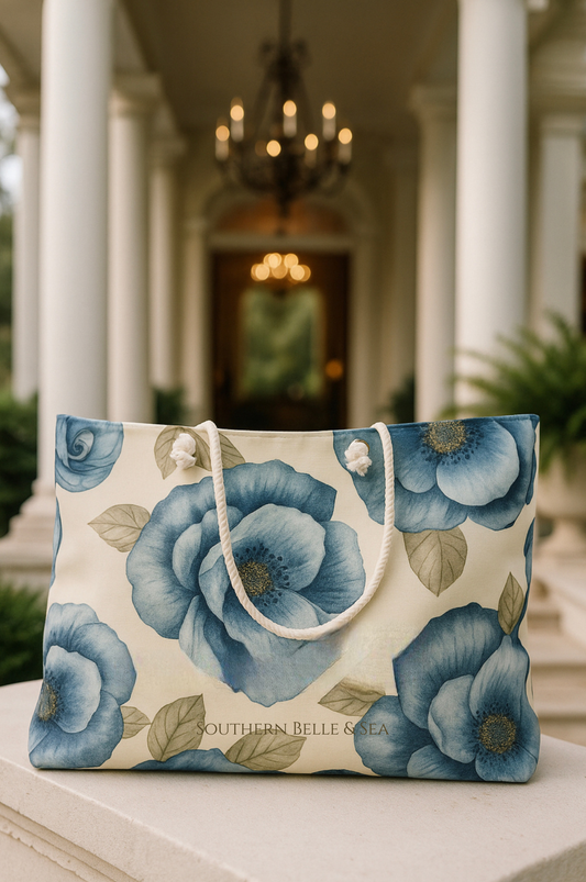 Floral tote bag with blue flowers on a white background, placed outdoors.