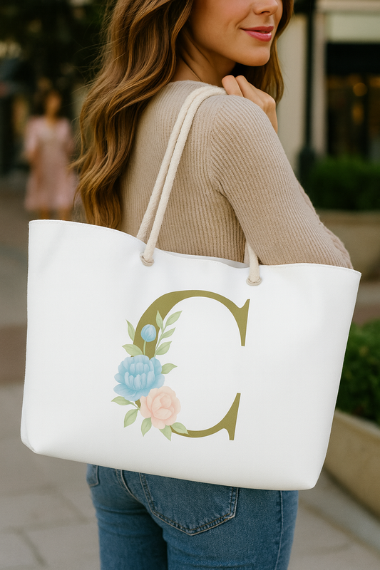 C Monogram Weekender Bag with blue and gold rose design — Southern Belle & Sea™ travel tote