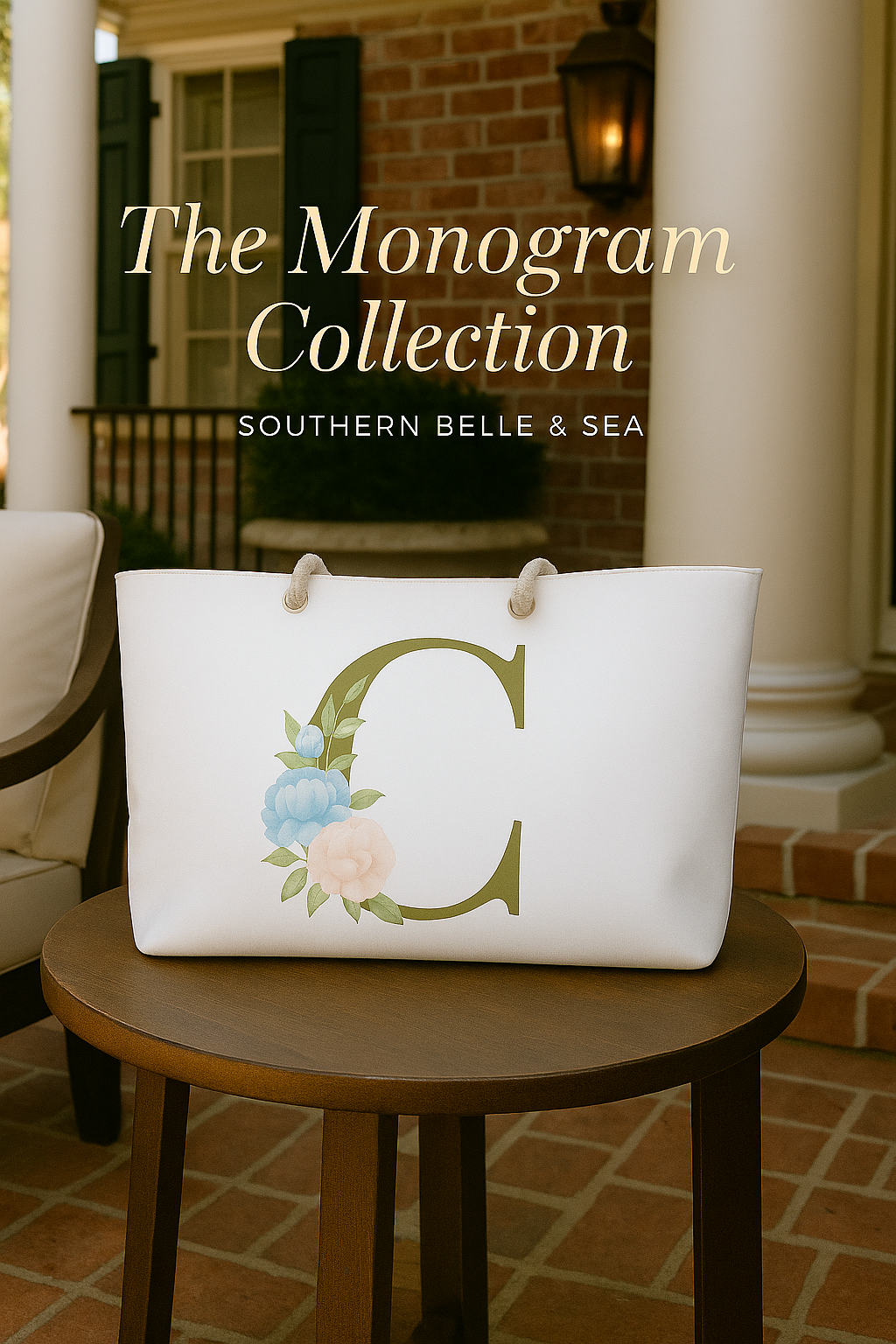 Luxury canvas weekender bag featuring C monogram and coastal-inspired blue gold rose print