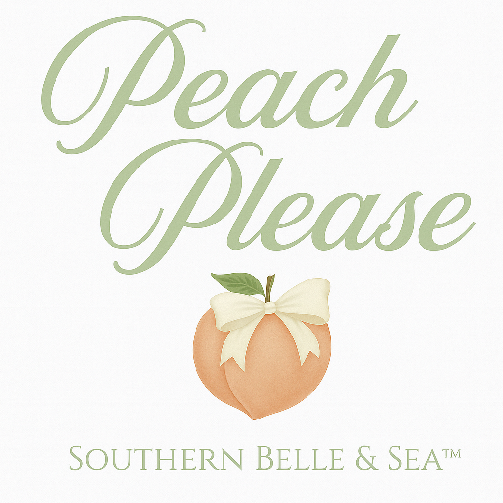 Southern Belle & Sea™ Peach Please V-neck white women’s t-shirt — pastel fruit graphic, vintage bow, and Southern chic style