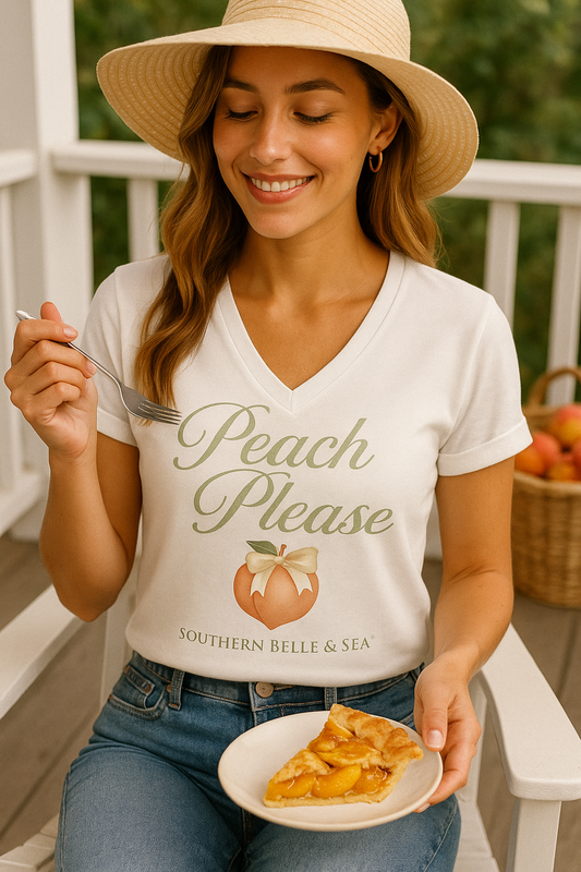 Georgia Belle Peach Collection white V-neck tee with soft watercolor peach and ivory bow — classy Southern women’s summer shirt