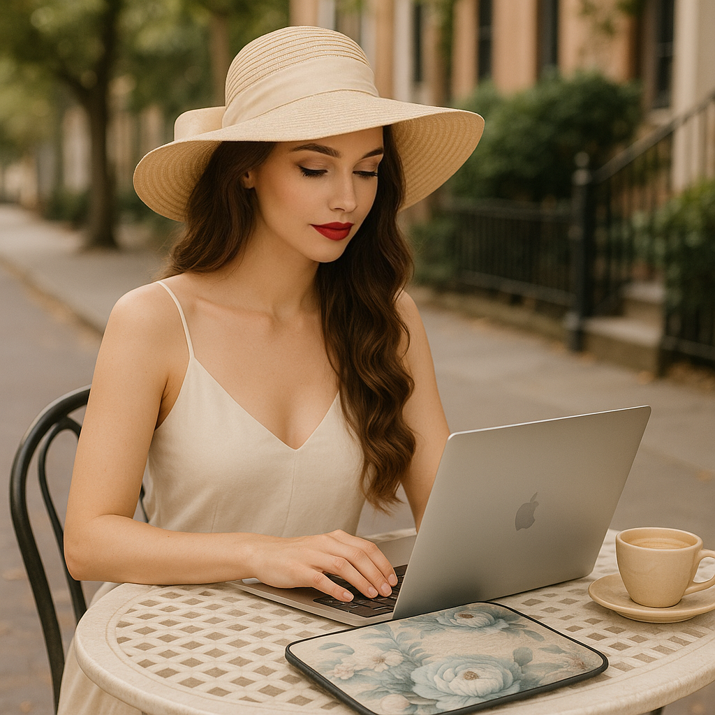 Woman in a cream sundress working at a café with a Parisian Petals floral laptop sleeve beside her.