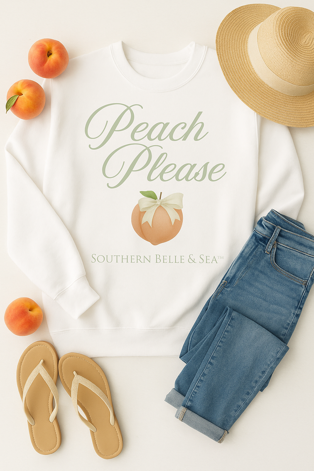 Flat lay of a white “Peach Please” sweatshirt from Southern Belle & Sea™ paired with rolled denim jeans, beige flip-flops, a straw hat, and fresh peaches on a light background.