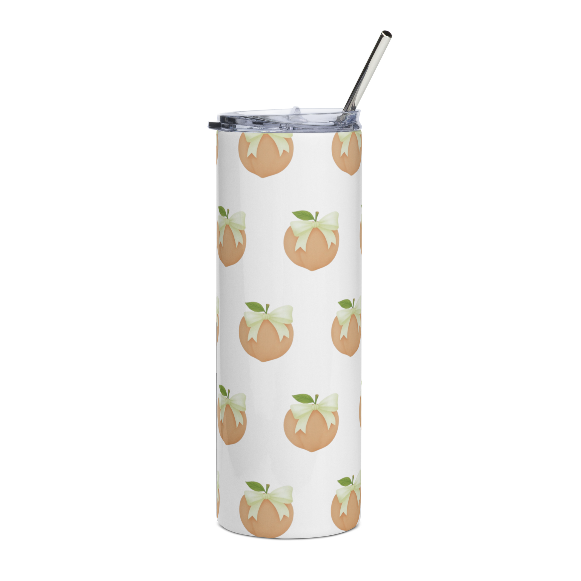 Close-up of clear slider lid and stainless straw on the Peach Please 20 oz tumbler.
