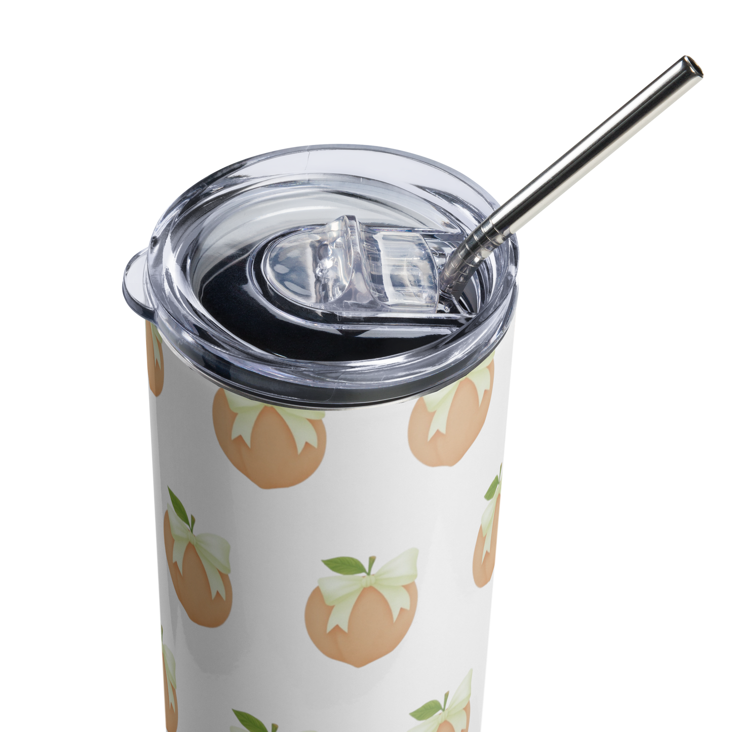 Full side view of the 20 oz stainless steel Peach Please tumbler with repeating peaches, lid and straw.