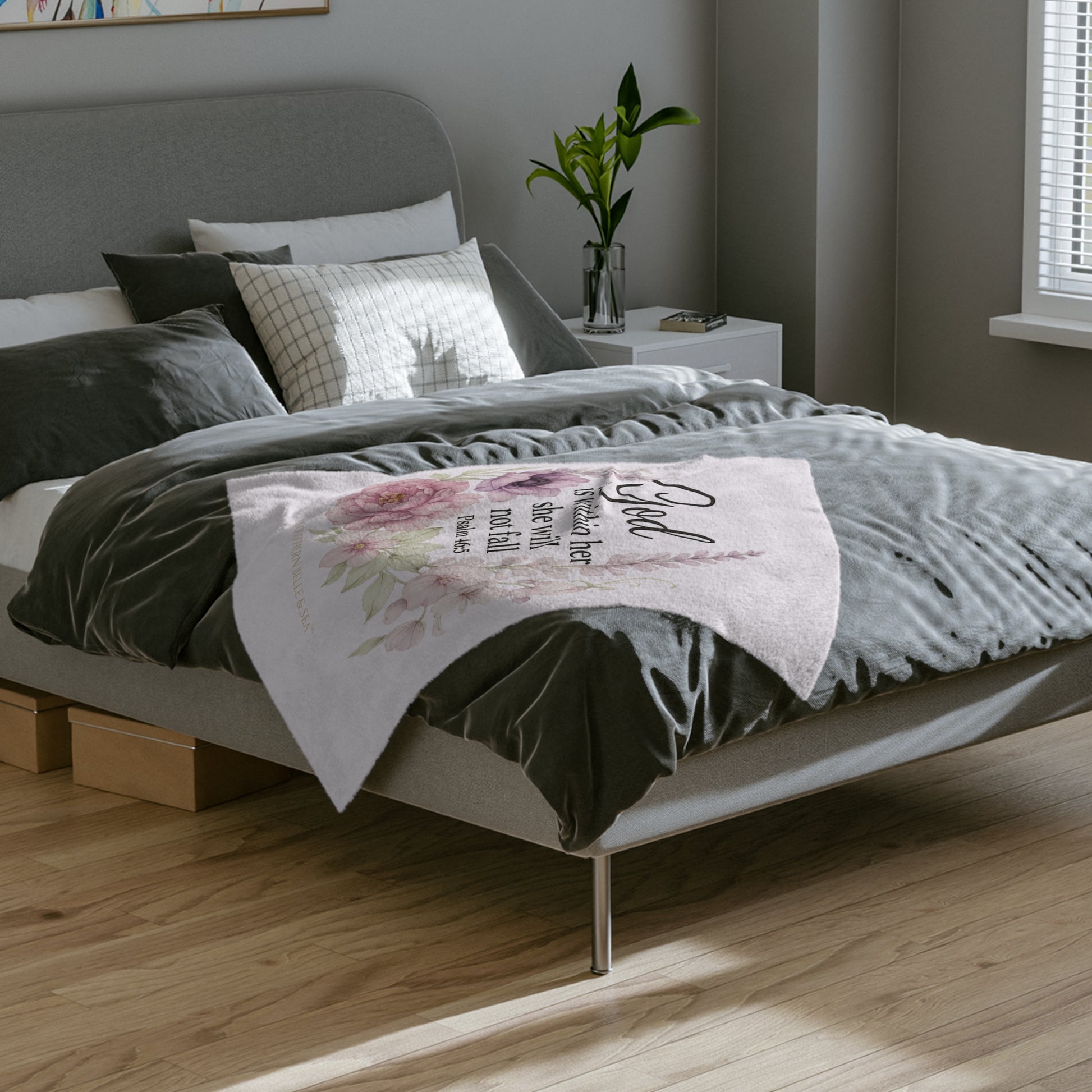 Southern Belle & Sea™ God Is Within Her pink floral fleece blanket faith gift