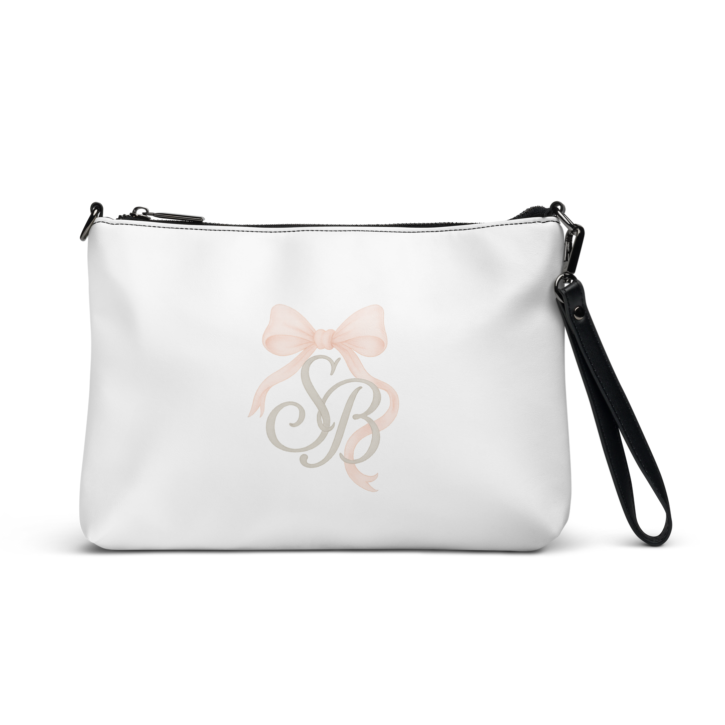 Elegant white crossbody bag with Southern Belle & Sea™ SB monogram and vintage beach hat bow design – minimalist coastal chic purse