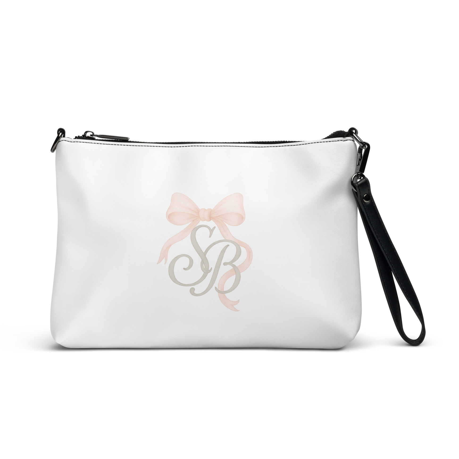 Elegant white crossbody bag with Southern Belle & Sea™ SB monogram and vintage beach hat bow design – minimalist coastal chic purse