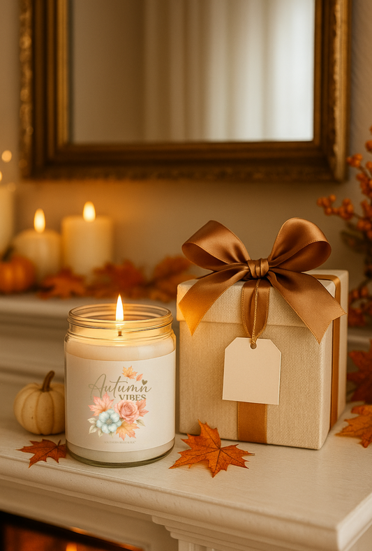 Candle with 'Autumn Wishes' and a gift box with a bow on a decorative surface.