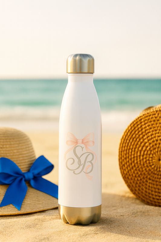 SB Monogram Blush Bow Stainless Steel Water Bottle — Southern Belle & Sea™ coastal chic gift