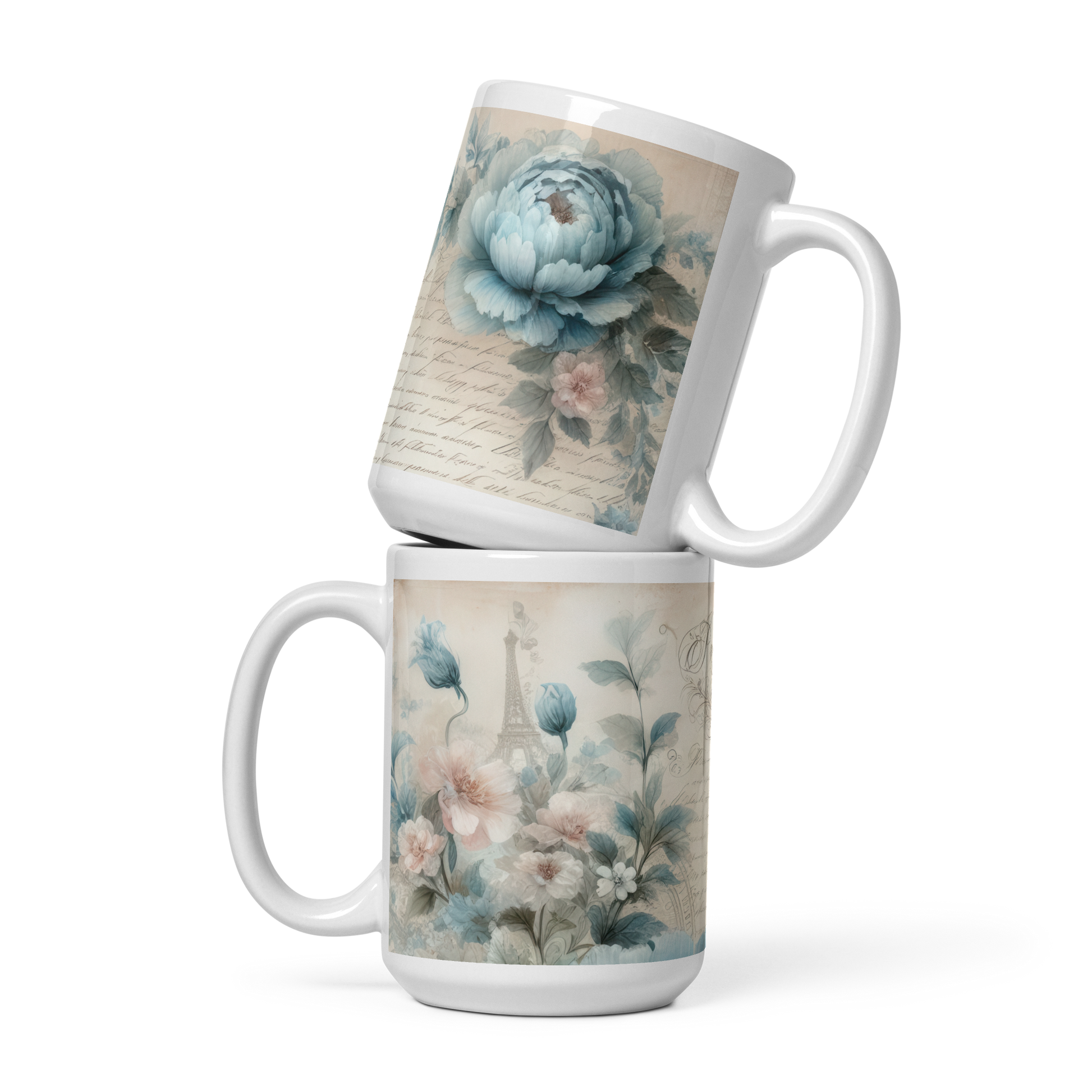 Two Parisian 9 oz. Mugs stacked, showing Eiffel Tower and blue floral artwork.