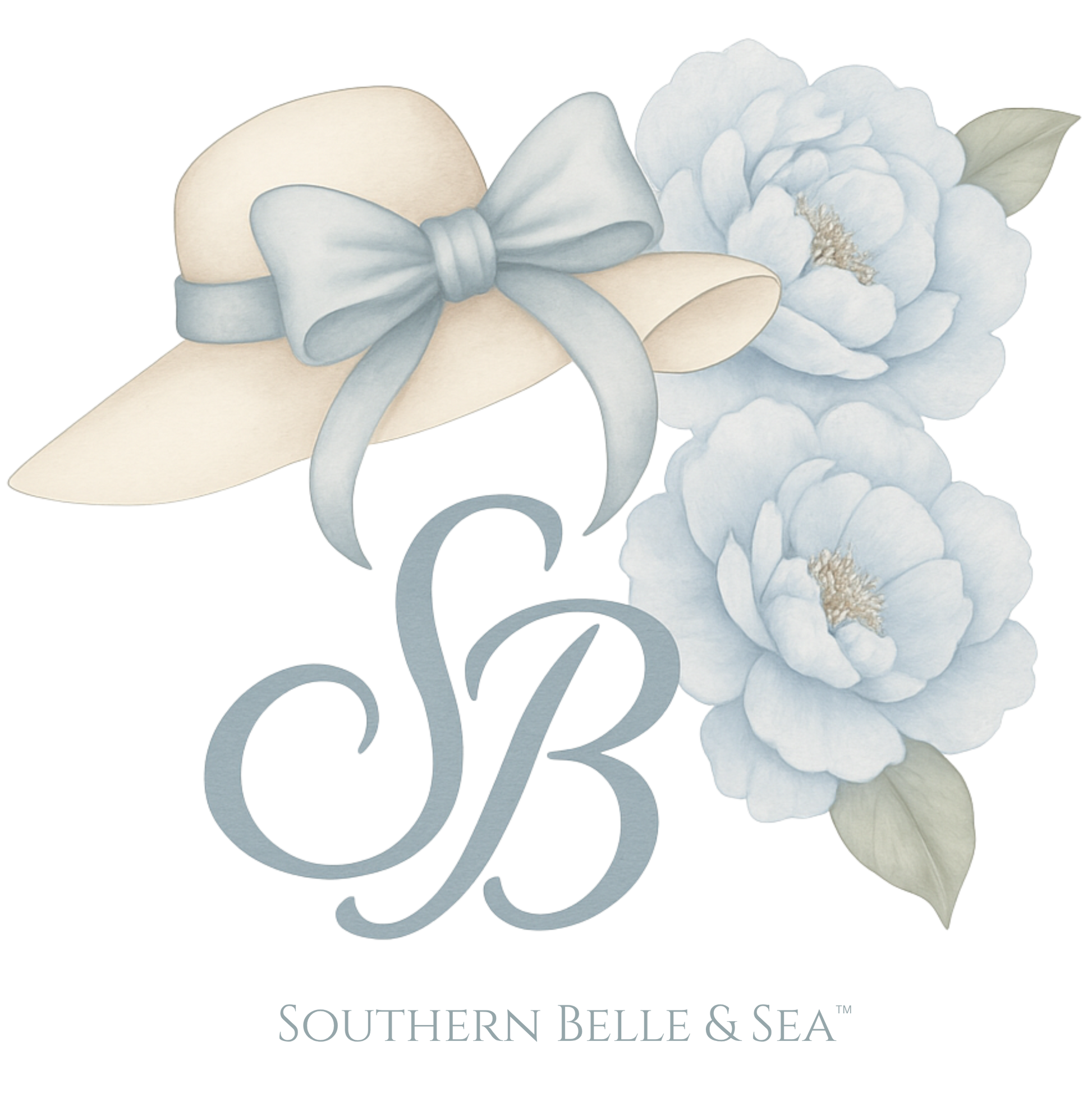 Close-up SB monogram with vintage straw hat and blue bow — watercolor florals