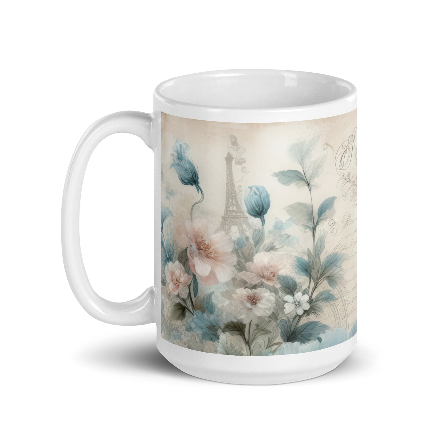 The Parisian 9 oz. Mug with Eiffel Tower and pastel blue flower bouquet.