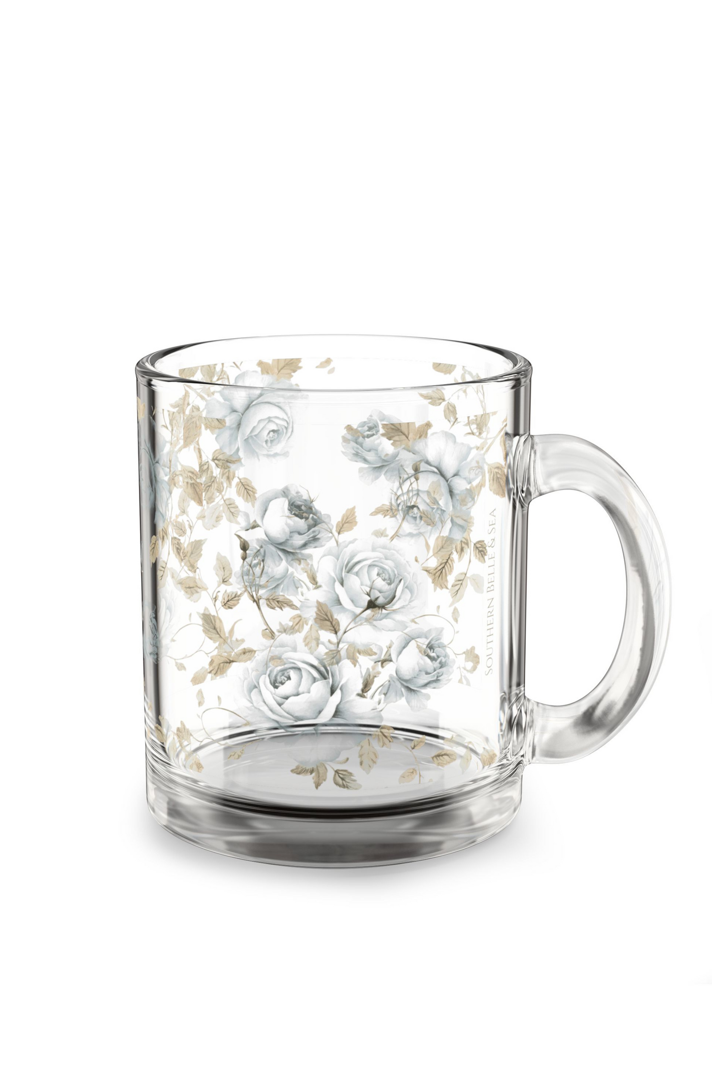 Clear Glass Mug with Blue Rosebuds & Petals — Blue & Gold Rose Monogram Series | Southern Belle & Sea™
