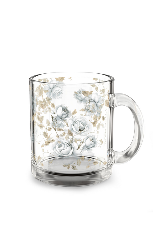 Clear Glass Mug with Blue Rosebuds & Petals — Blue & Gold Rose Monogram Series | Southern Belle & Sea™