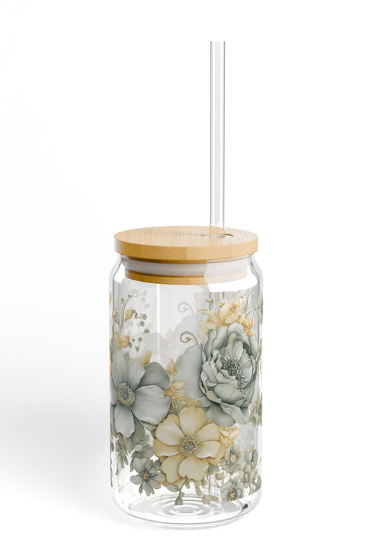 Floral Serenity 16oz Sipper Glass with Bamboo Lid & Straw — Southern Belle & Sea™
