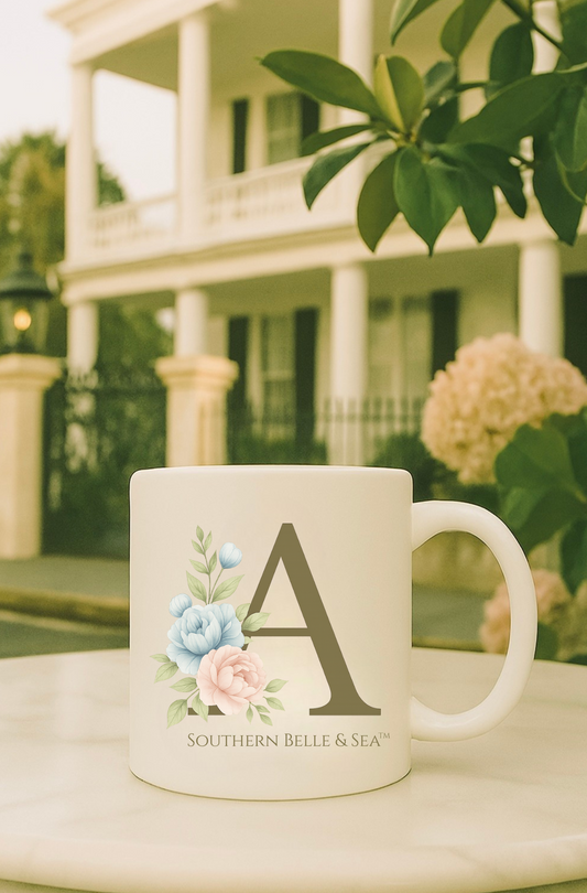 Monogram Floral Ceramic Mug — Letter A (11oz) | Southern Belle & Sea™