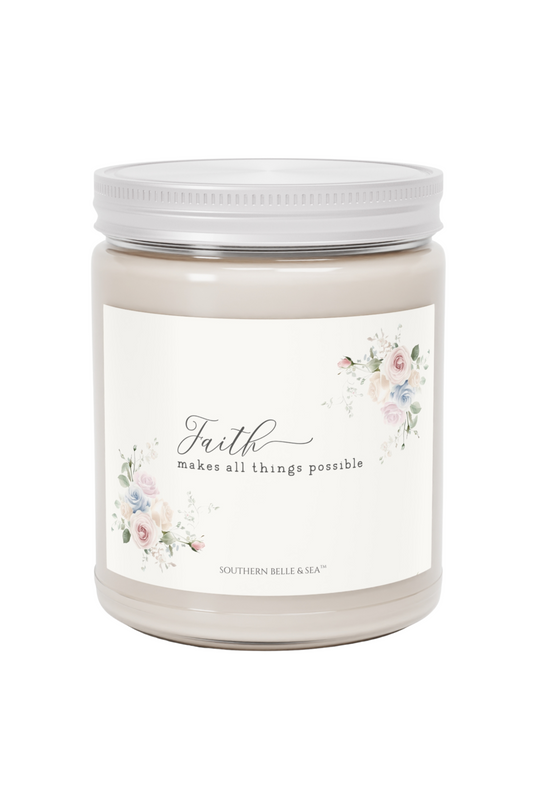 Faith Makes All Things Possible” Signature Soy Candle (9oz Glass Jar, Eco Cotton Wick) | Southern Belle & Sea™