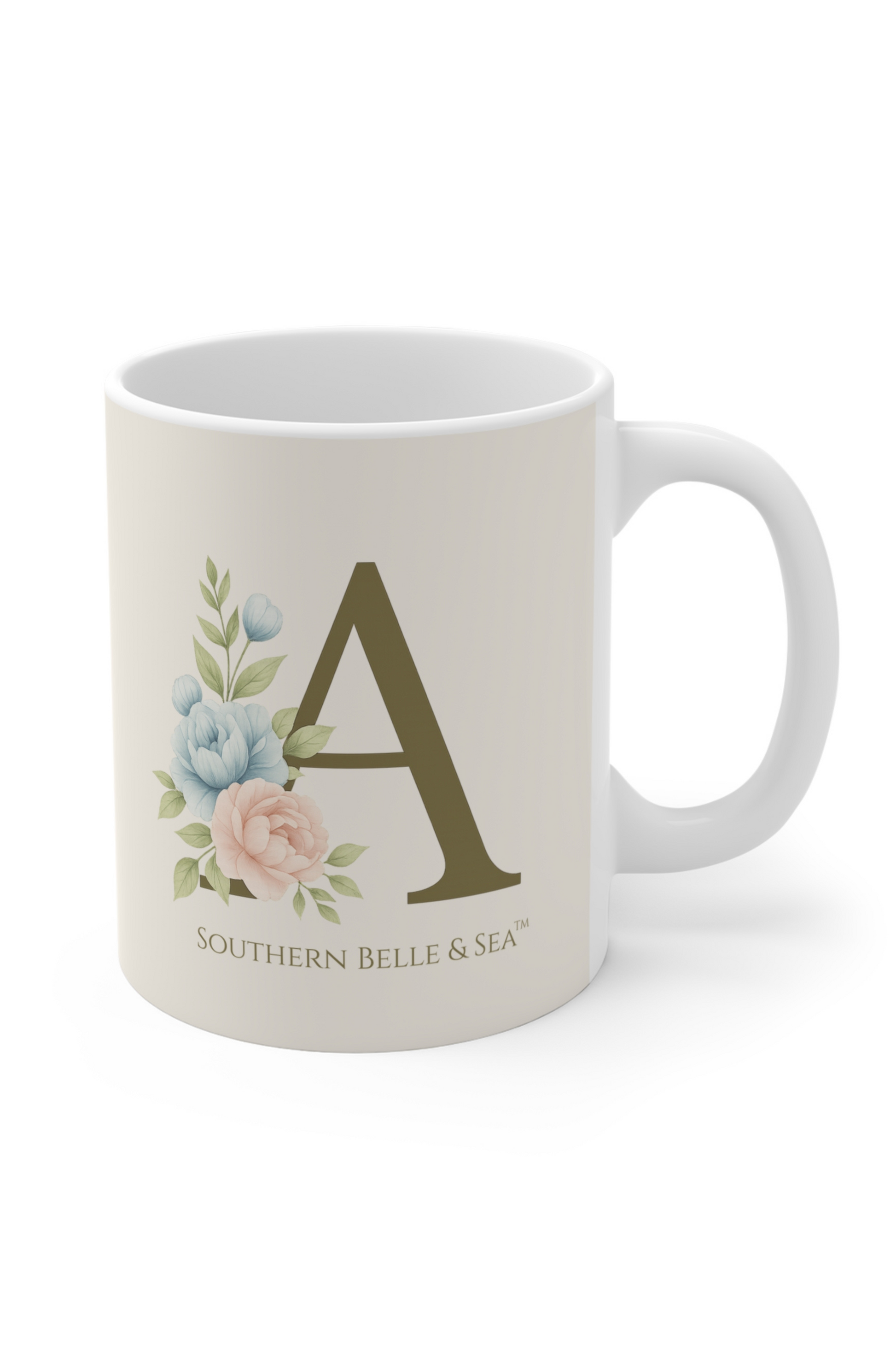 Monogram ceramic mug with floral Letter A design 11oz