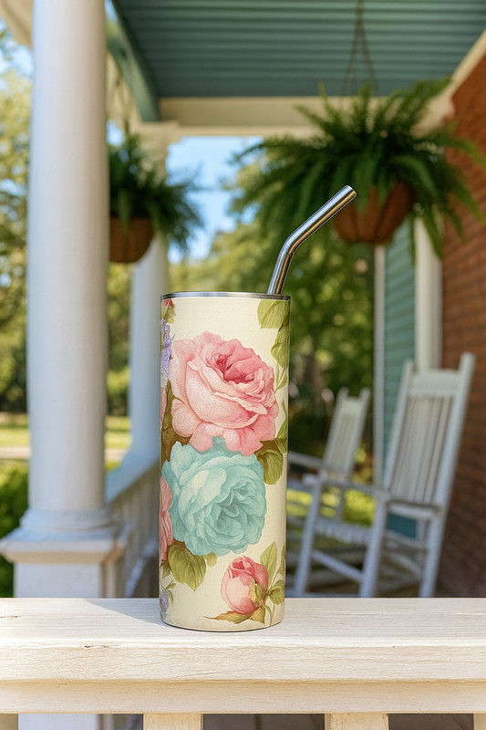 Southern Belle & Sea™ floral stainless steel tumbler with blush and blue watercolor flowers, reusable insulated travel cup with straw and lid
