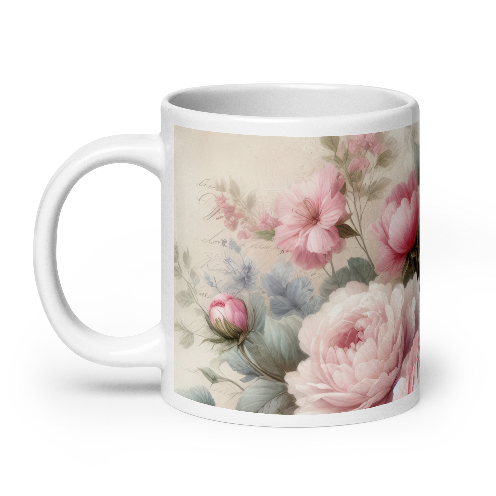 Side view of white mug showcasing cursive script and blooming pink peonies in a vintage-inspired design.