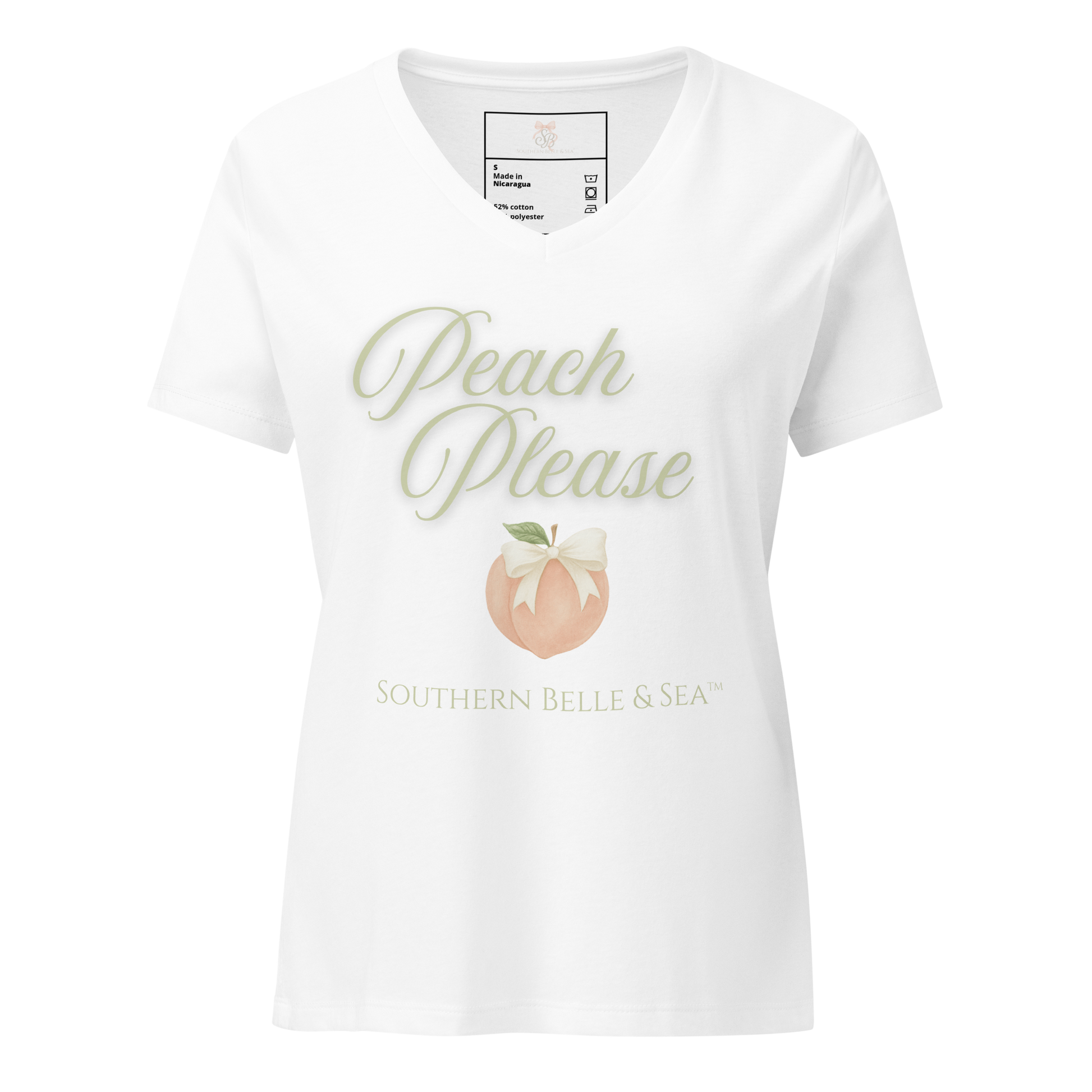 Peach Please artwork on Bella + Canvas V-neck tee in white – product photo for Printful uploads and catalog use.