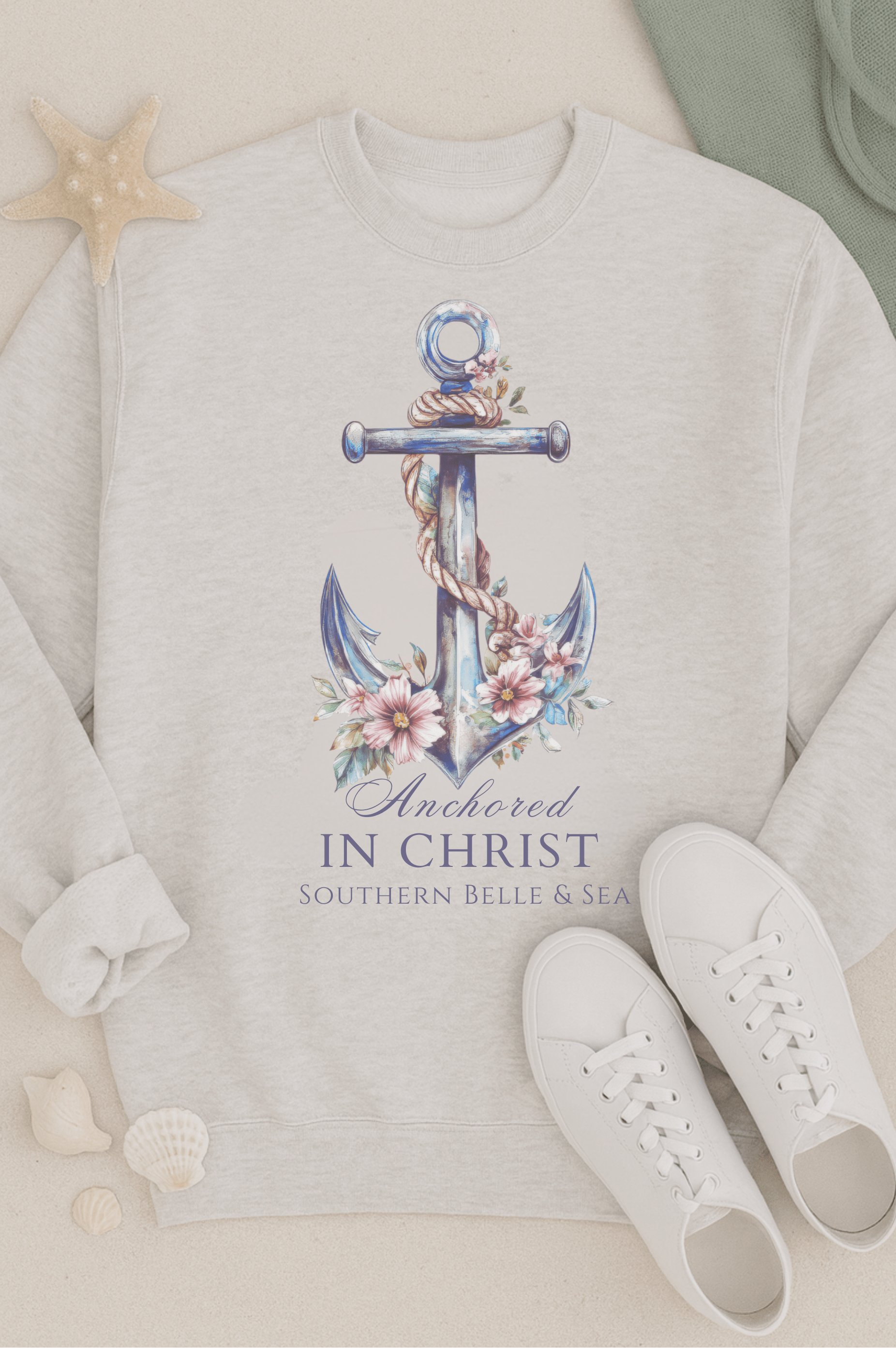 Anchored in Christ Crewneck Sweatshirt | Southern Belle & Sea™ Coastal Christian - Southern Belle & Sea