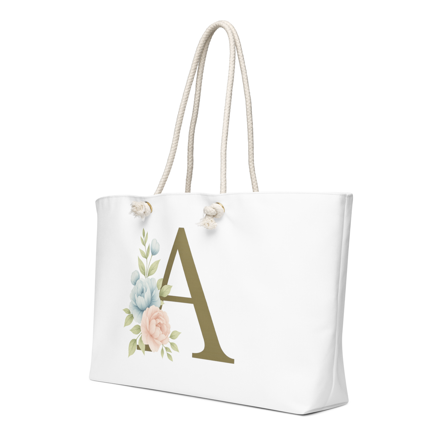 Elegant monogram oversized weekender bag letter A, pastel flowers, white background, Southern Belle & Sea™