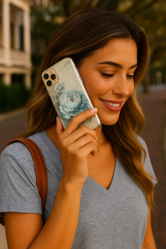 woman holding phone to ear, vintage floral case in use, Southern Belle & Sea™