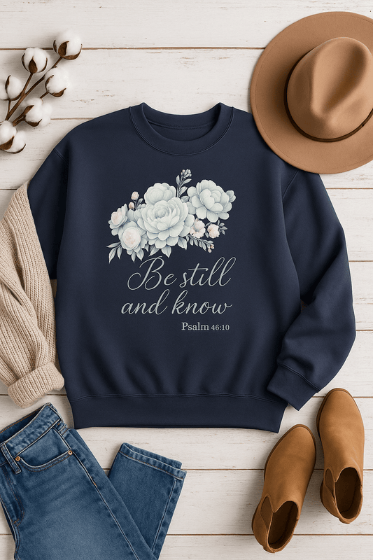 “Be Still and Know” Navy Sweatshirt (Blue Floral) | Southern Belle & Sea™ - Southern Belle & Sea