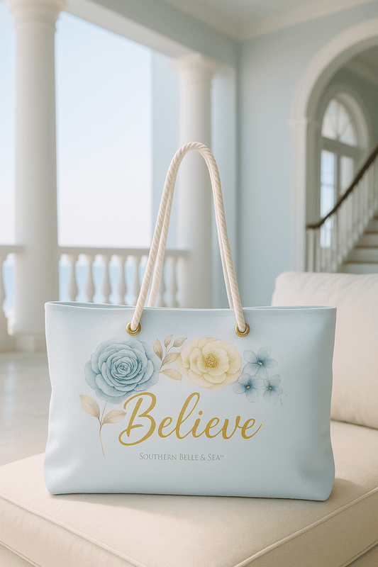 BELIEVE Blue & Yellow Floral Weekender Tote — Savannah Garden Rose Series | Southern Belle & Sea™ - Southern Belle & Sea