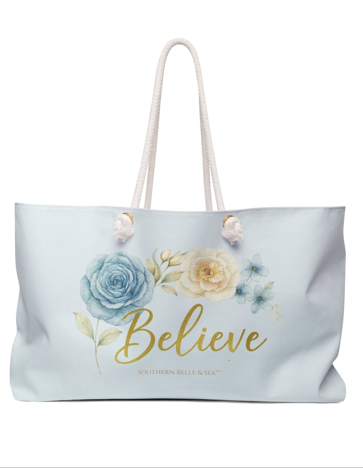 BELIEVE Blue & Yellow Floral Weekender Tote — Savannah Garden Rose Series | Southern Belle & Sea™ - Southern Belle & Sea