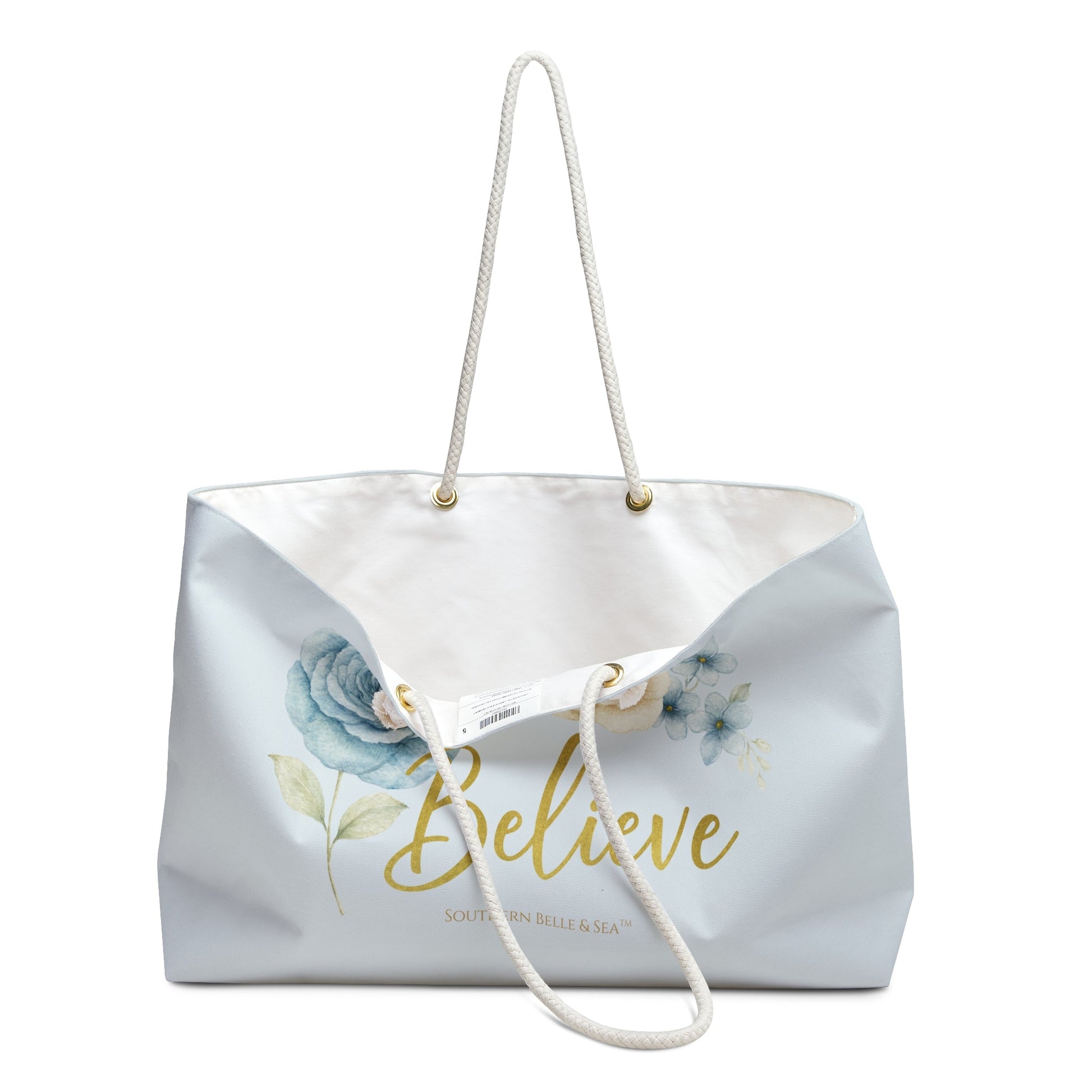 BELIEVE Blue & Yellow Floral Weekender Tote — Savannah Garden Rose Series | Southern Belle & Sea™ - Southern Belle & Sea