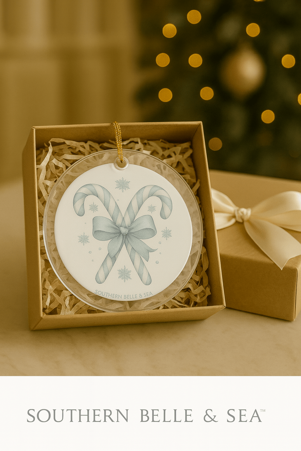 Blue Candy Canes & Bow Glass Ornament — Classic Noel Edition | Southern Belle & Sea™ - Southern Belle & Sea