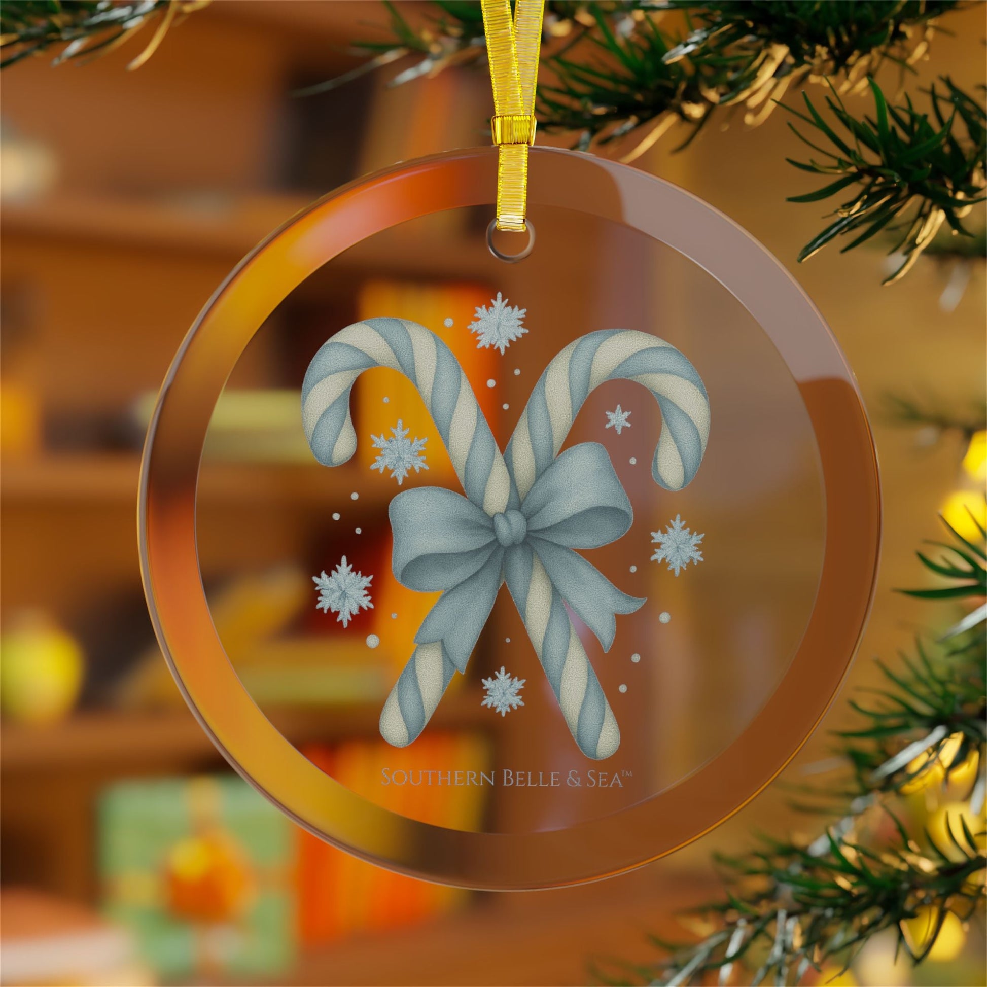 Blue Candy Canes & Bow Glass Ornament — Classic Noel Edition | Southern Belle & Sea™ - Southern Belle & Sea
