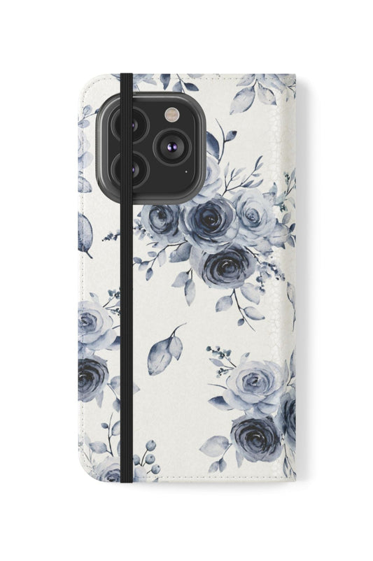 Side angle of Blue Willow Rose floral iPhone flip case with elastic band closure, Southern Belle & Sea™