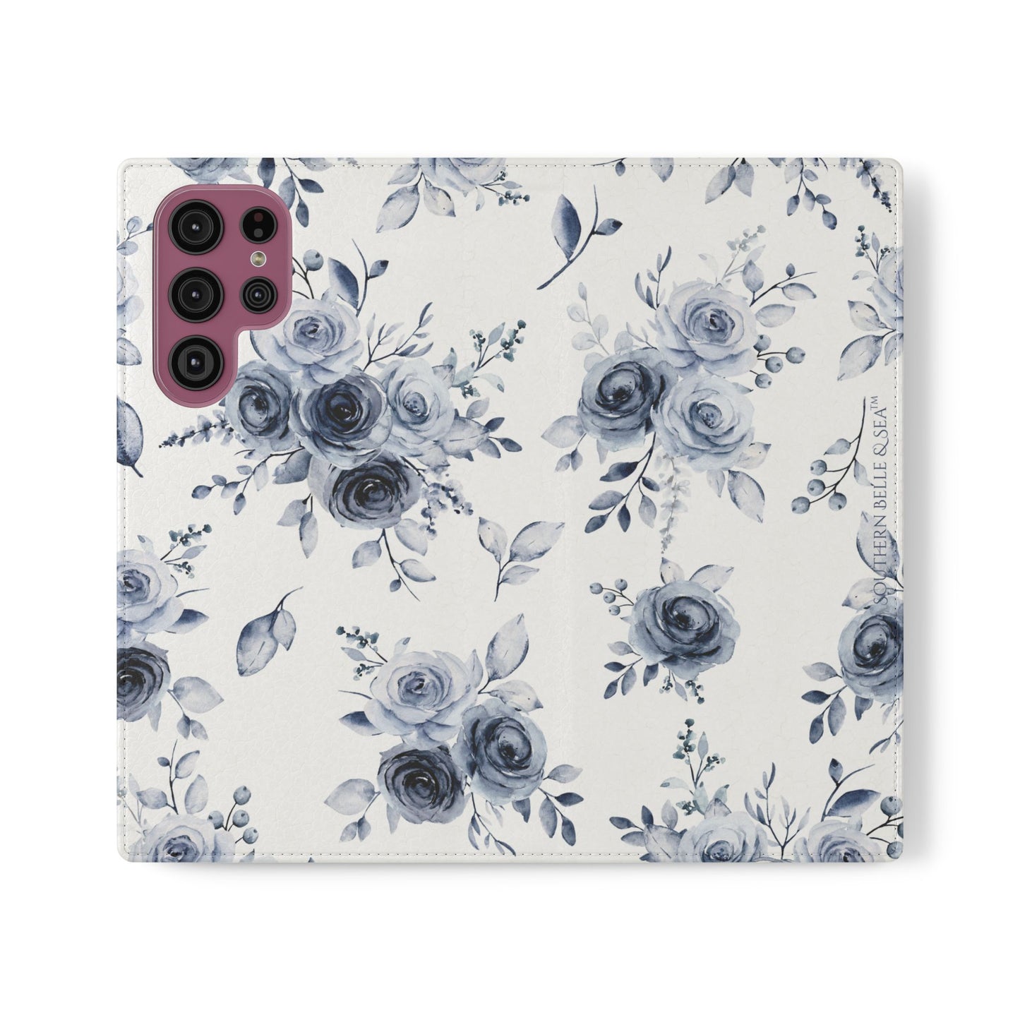 Blue Willow Rose iPhone flip case shown in hand for size reference, Southern Belle & Sea™