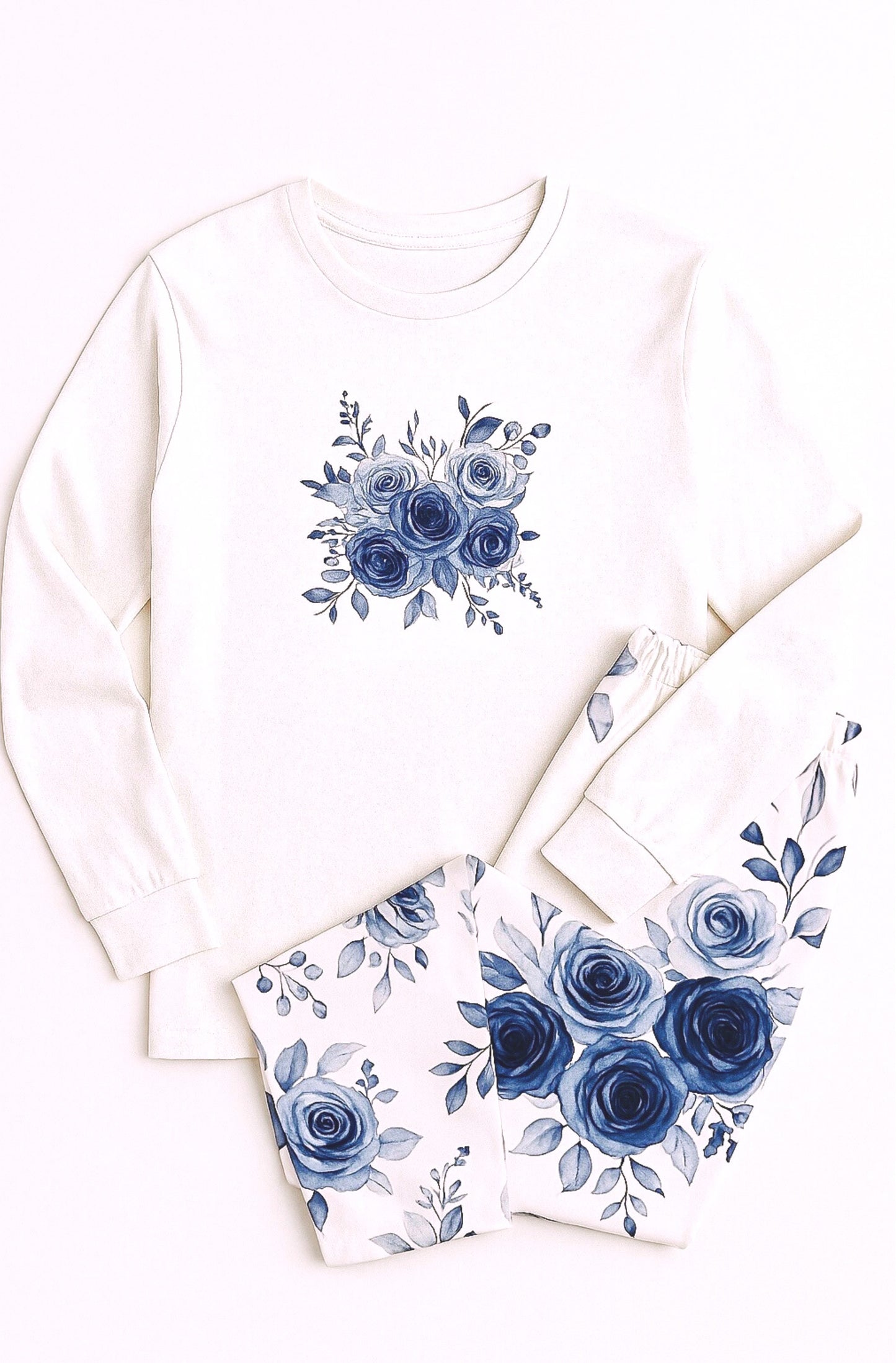 Blue Willow Rose Long - Sleeve Crewneck Shirt — Blue Willow Rose Collection | Southern Belle & Sea™ - Southern Belle & Sea