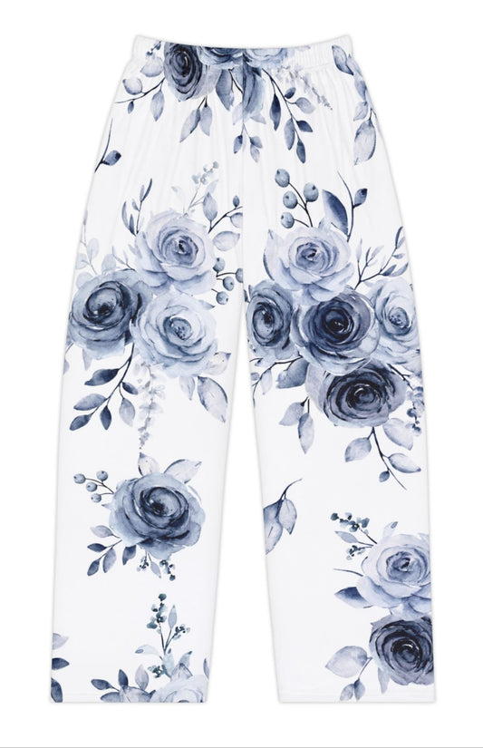 Southern Belle & Sea™ women’s lounge pajama pants in Blue Willow Rose floral design, cozy and elegant sleepwear