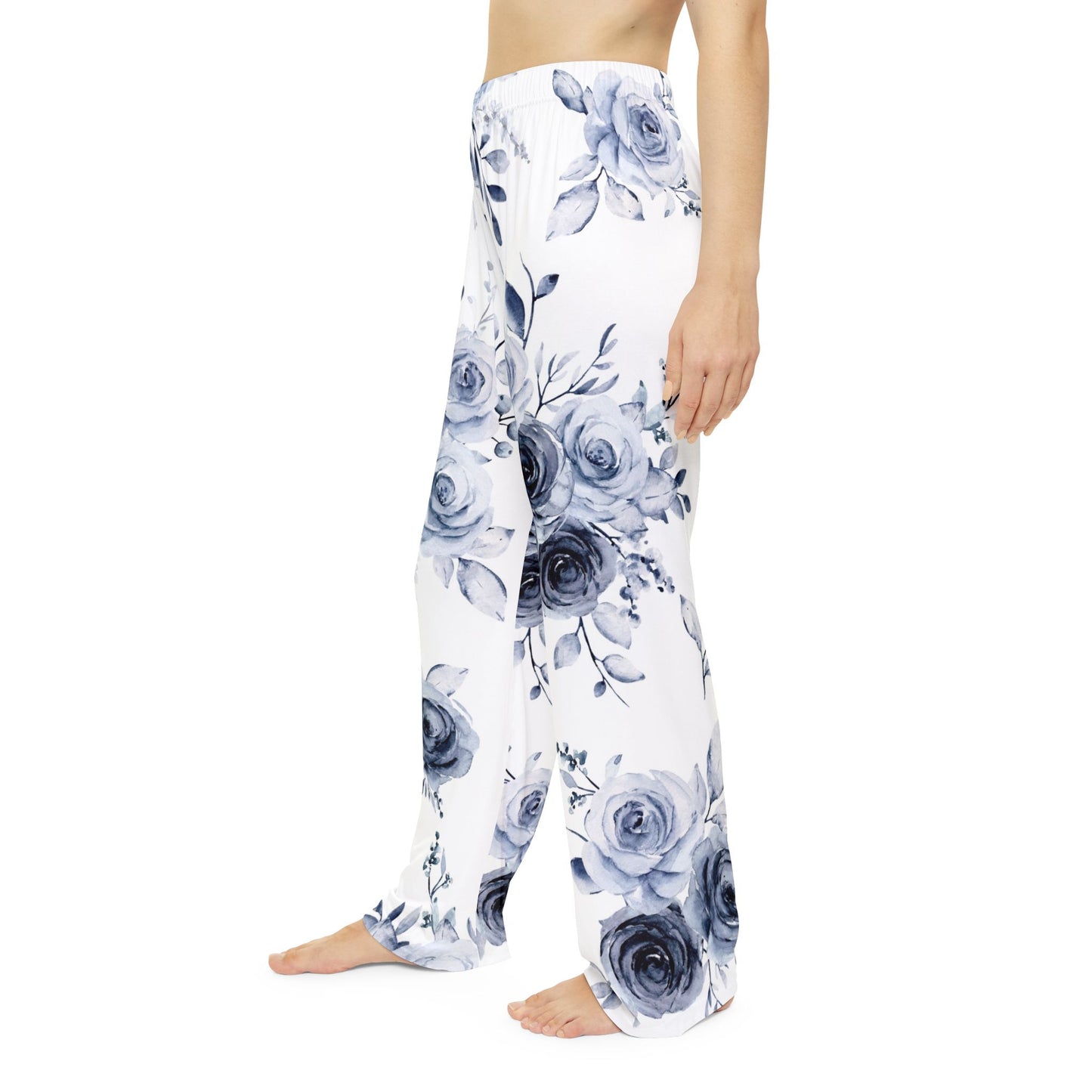 Blue Willow Rose pajama lounge pants folded with ribbon, Christian gift-ready sleepwear