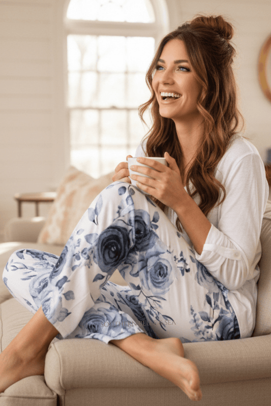 Blue Willow Rose Lounge Pants (Women’s Pajamas) — Blue Willow Rose Collection | Southern Belle & Sea™ - Southern Belle & Sea