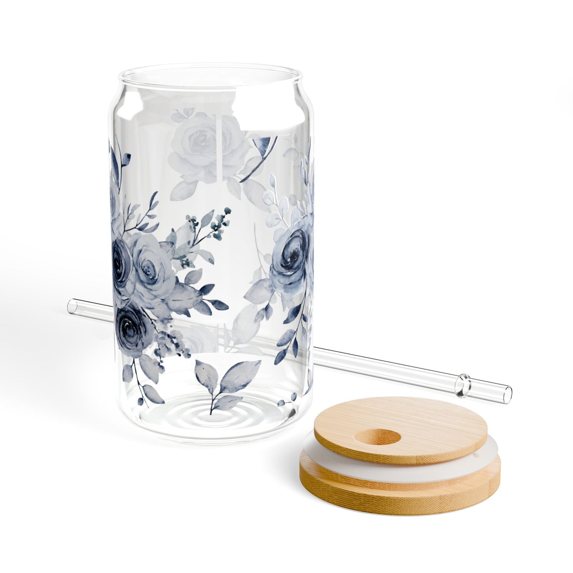 Blue Willow Rose Sipper Glass (16oz with Lid & Straw) — Blue Willow Rose Collection | Southern Belle & Sea™ - Southern Belle & Sea