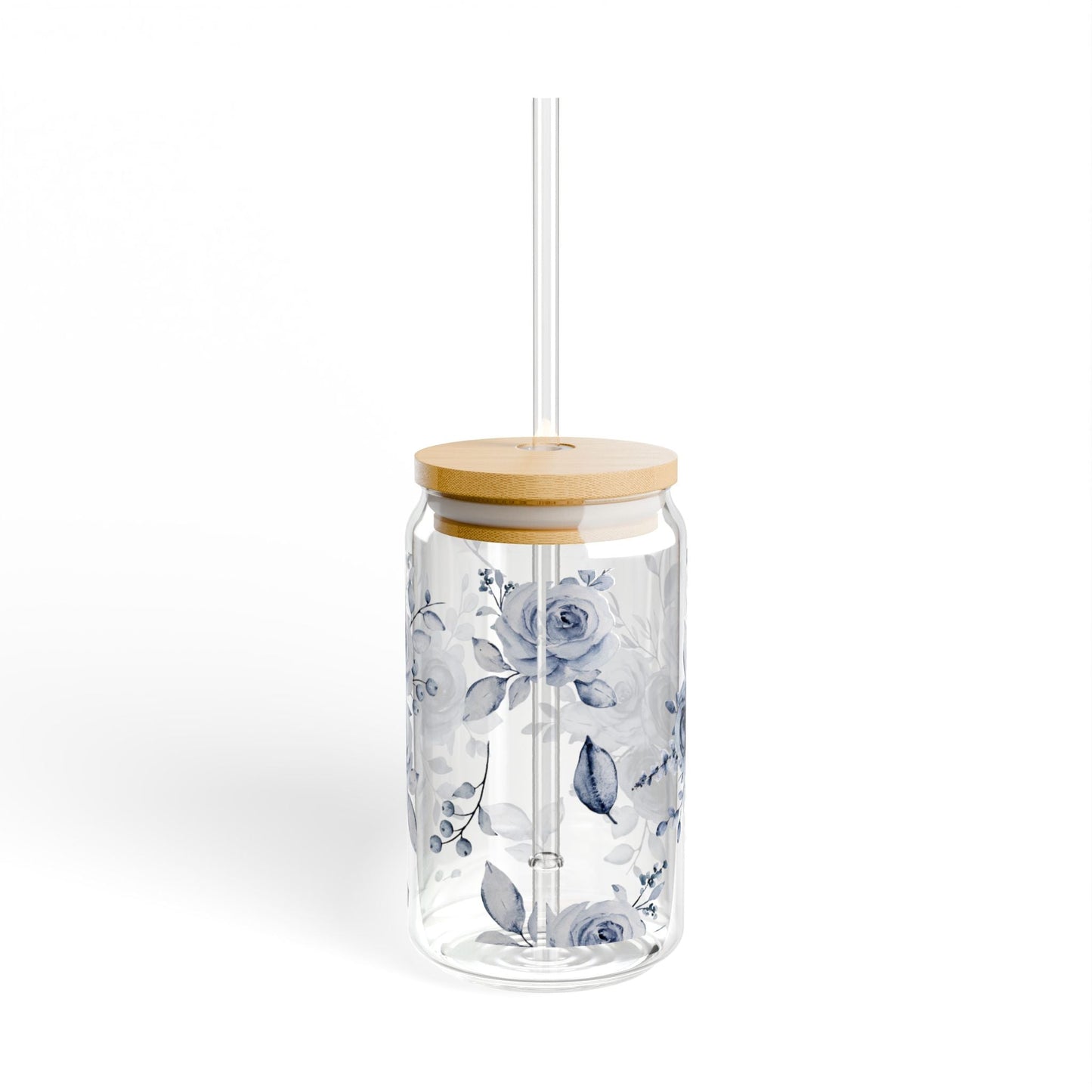 Blue Willow Rose Sipper Glass (16oz with Lid & Straw) — Blue Willow Rose Collection | Southern Belle & Sea™ - Southern Belle & Sea